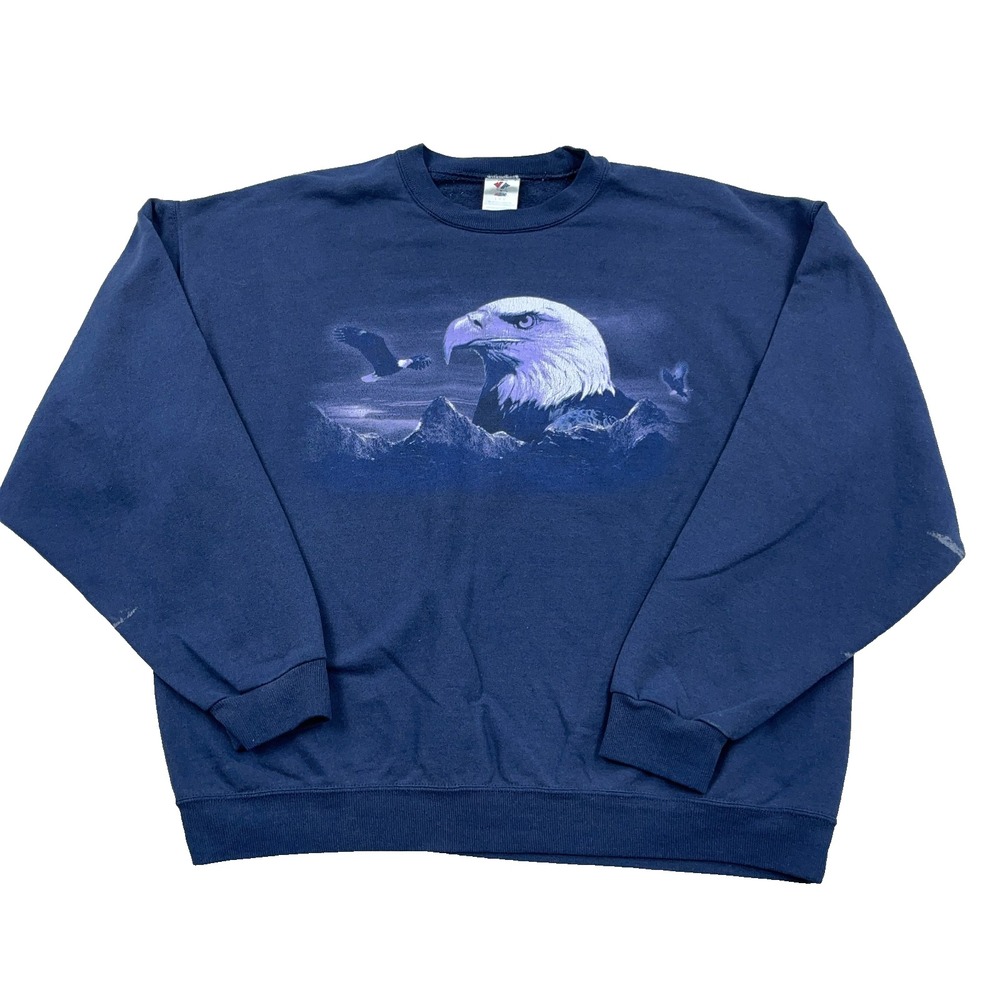 Vintage Nature Sweatshirt Men Large Blue Crewneck Bald Eagle Faded 90s Y2K Stain
